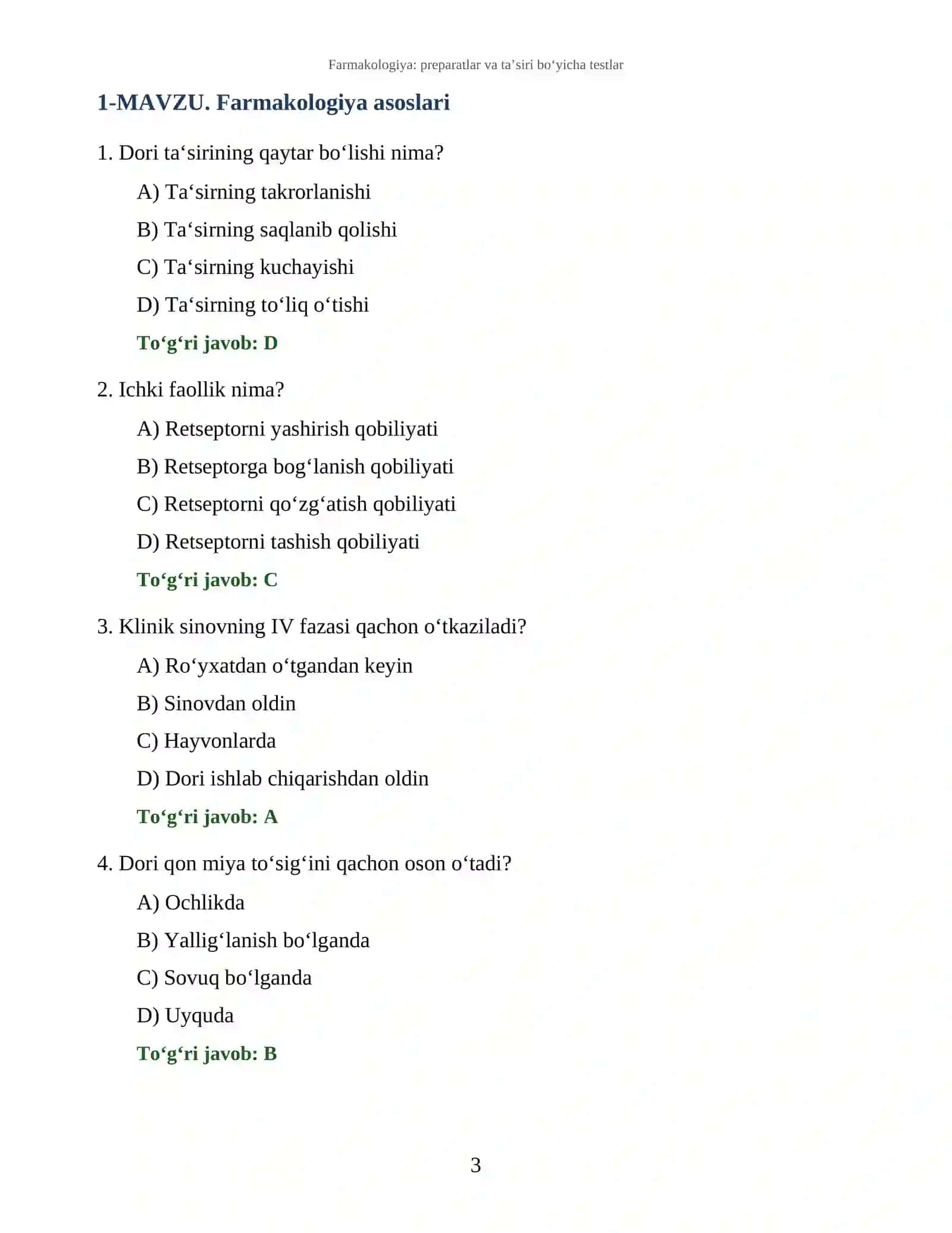 Farmakologiya: preparatlar va ta’siri bo‘yicha testlar 3