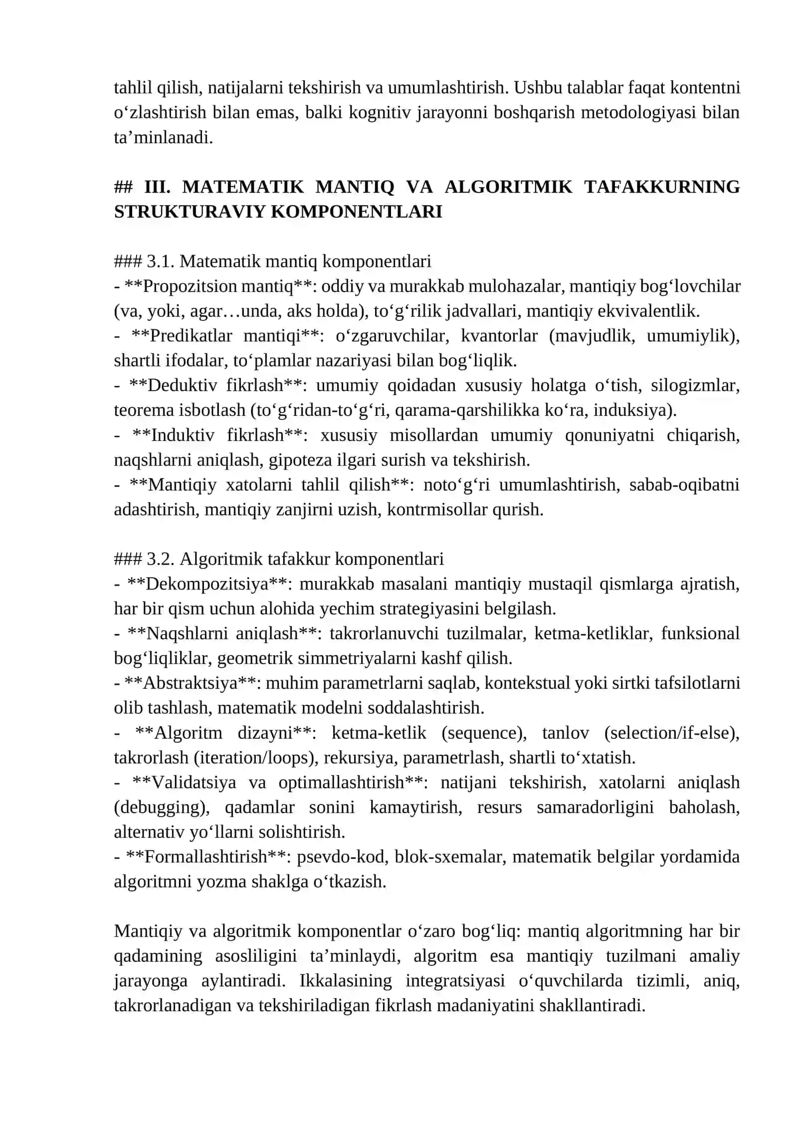 O‘QUVCHILARDA MATEMATIK MANTIQ VA ALGORITMIK TAFAKKURNI SHAKLLANTIRISH: NAZARIY ASOSLAR, PEDAGOGIK METODOLOGIYA, INTEGRATSIYA VA BAHOLASH TIZIMLARI 3