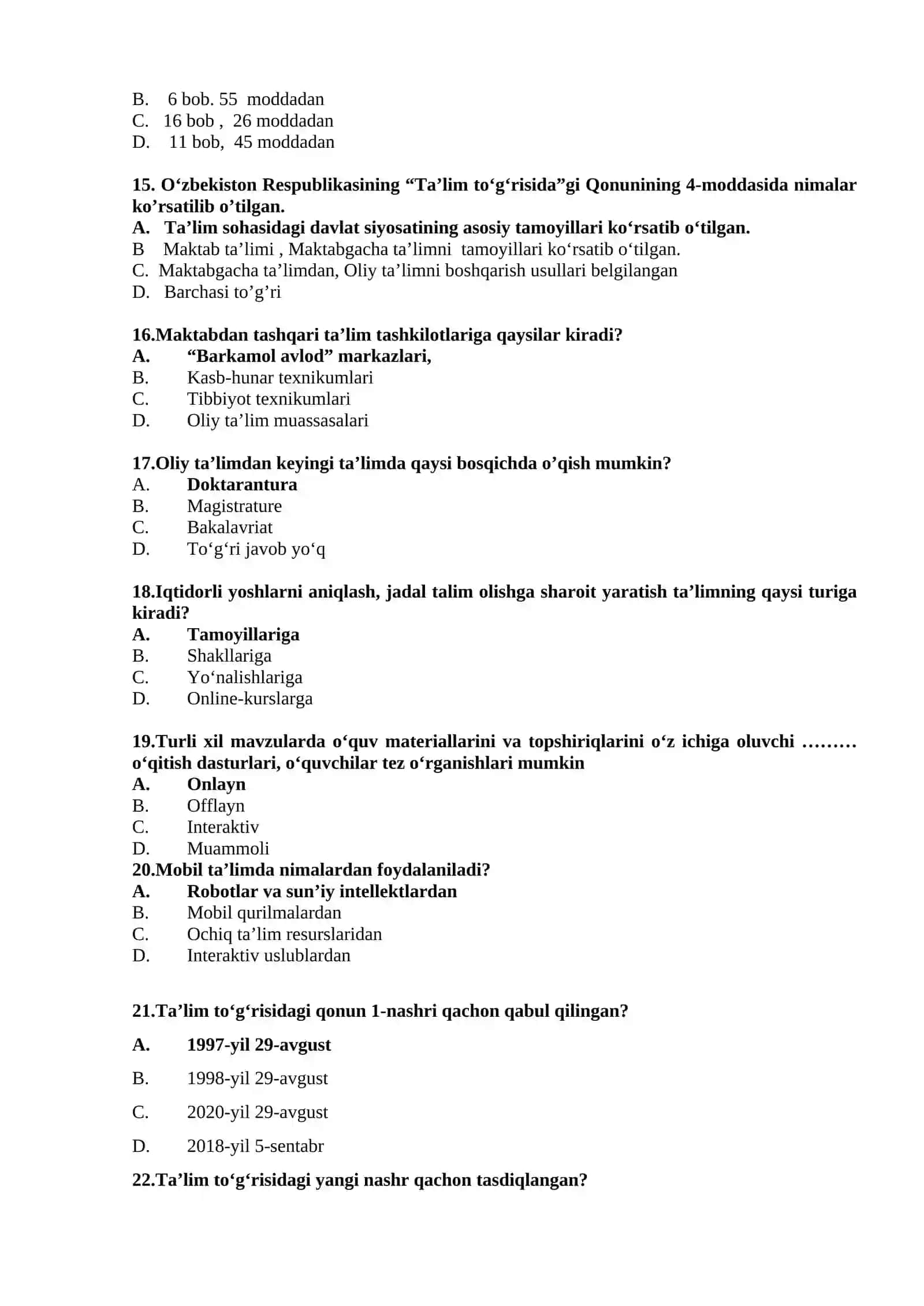 Uzluksiz ta’limdagi tendensiyalar va zamonaviy yondashuvlar fanidan yakuniy nazorat test savollari 3
