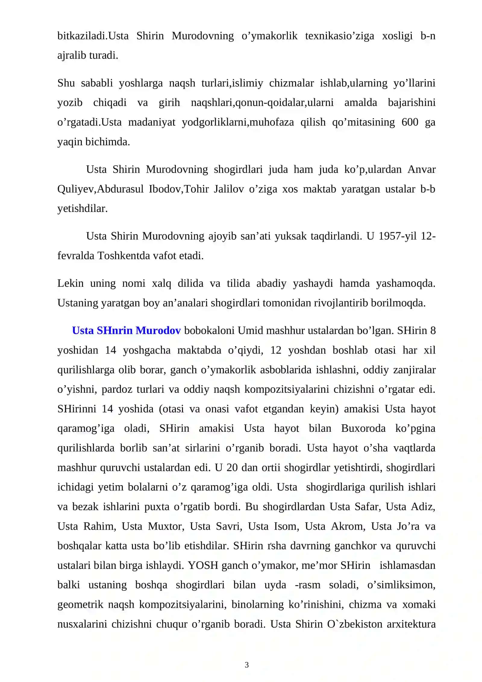 Usta Shirin Murodovning hayoti va ijodi. Mustaqil ish 3