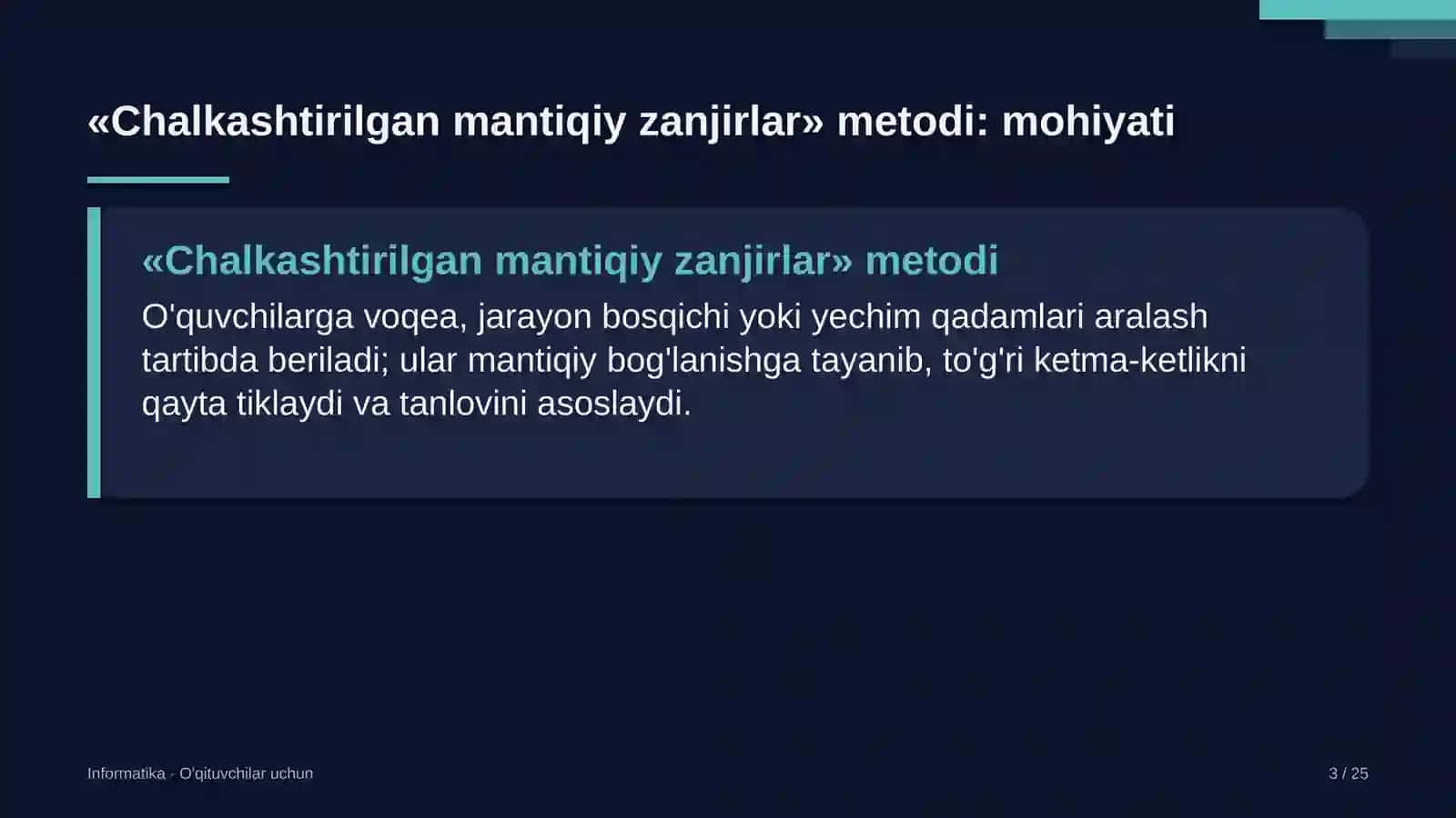informatika darslarida chalkashtirilgan mantiqiy zanjirlar metodidan foydalanish 8980 3