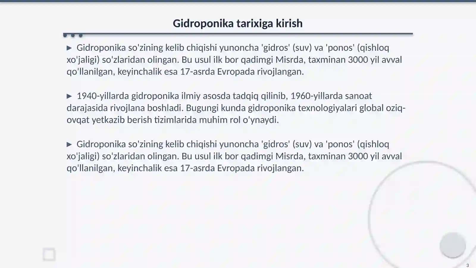 Tuproqsiz ekin yetishtirish gidroponika 3