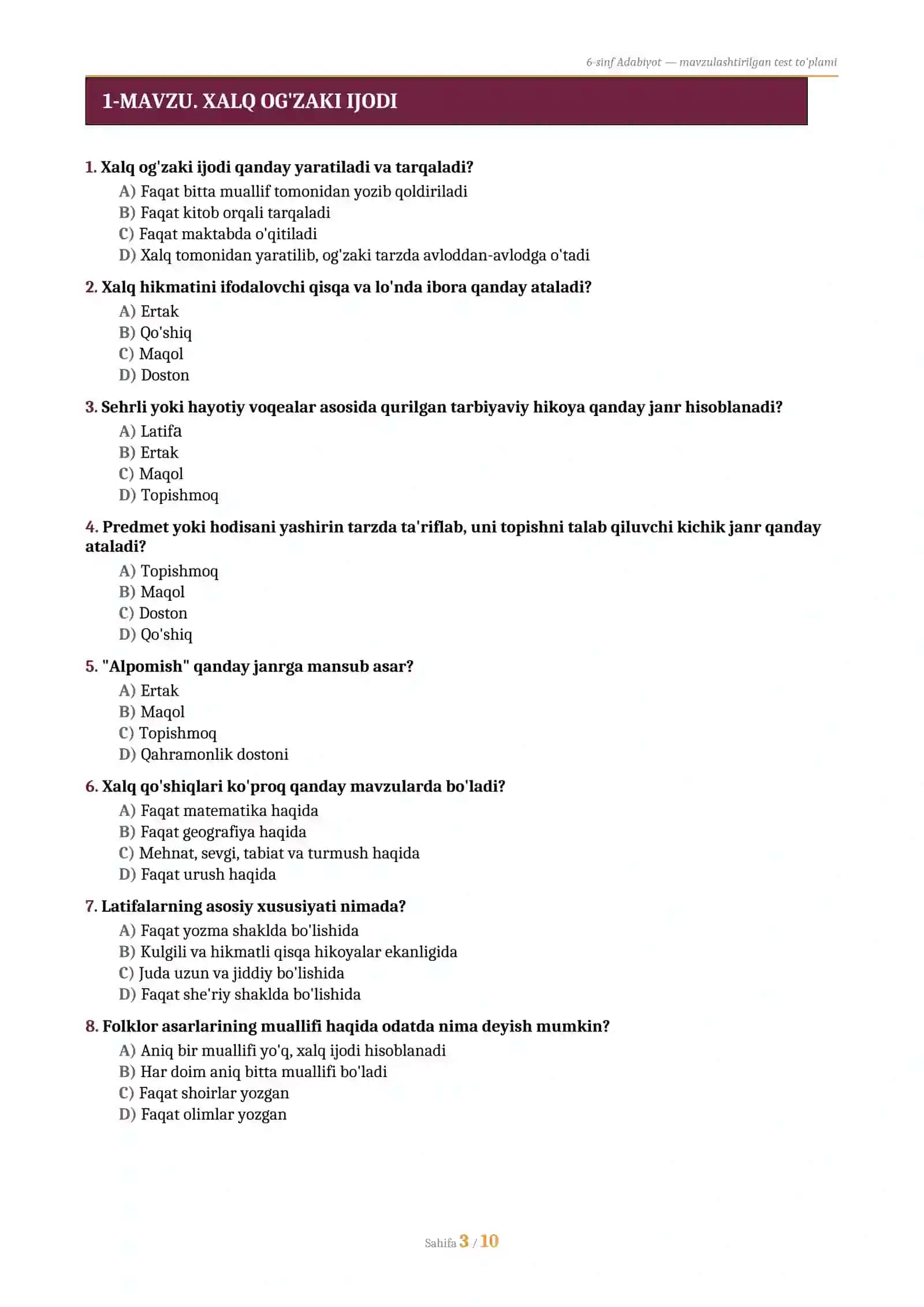 6-sinf Adabiyot — mavzulashtirilgan test to'plami 3