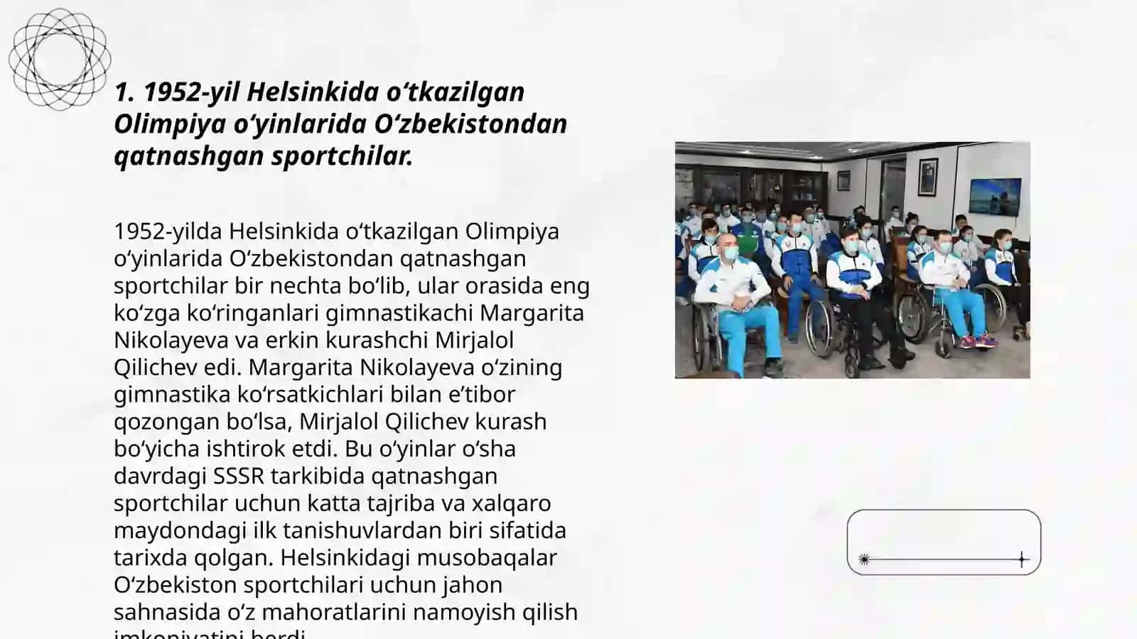 Oʻzbekiston spoʻrtchilarining 1952-hozirgi davrgacha oʻtqazilgan Olimpiya oʻyinlaridagi ishtiroki va yutuqlari 3