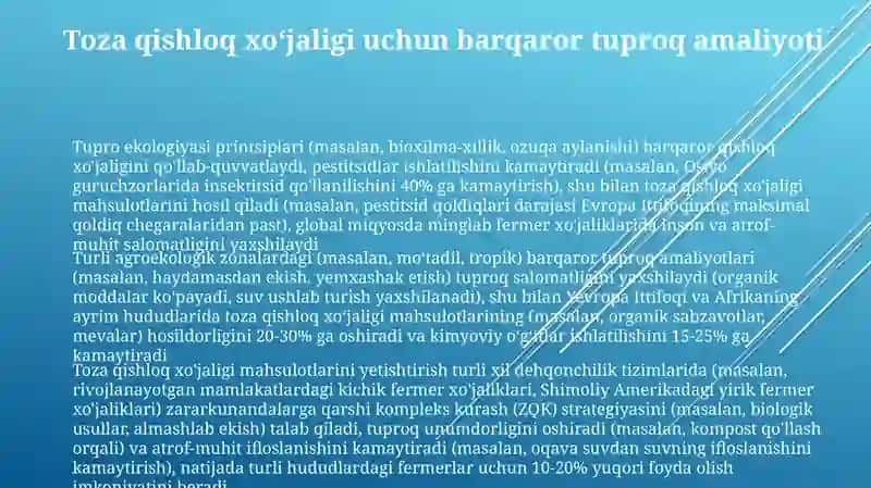 Tuproq ekologiyasi. Toza qishloq xo'jaligi mahsulotlarini yetishtirish 3