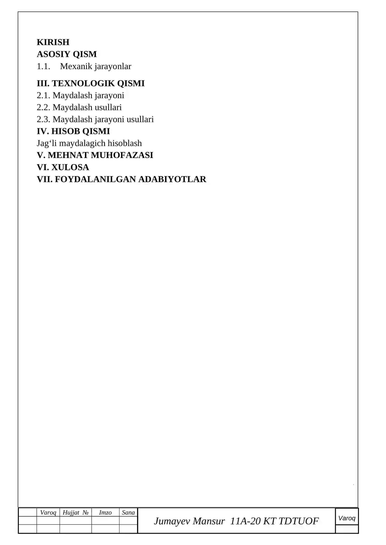 ASOSIY TEXNOLOGIK JARAYONLAR VA QURILMALAR FANIDAN KURS LOYIHASI 3