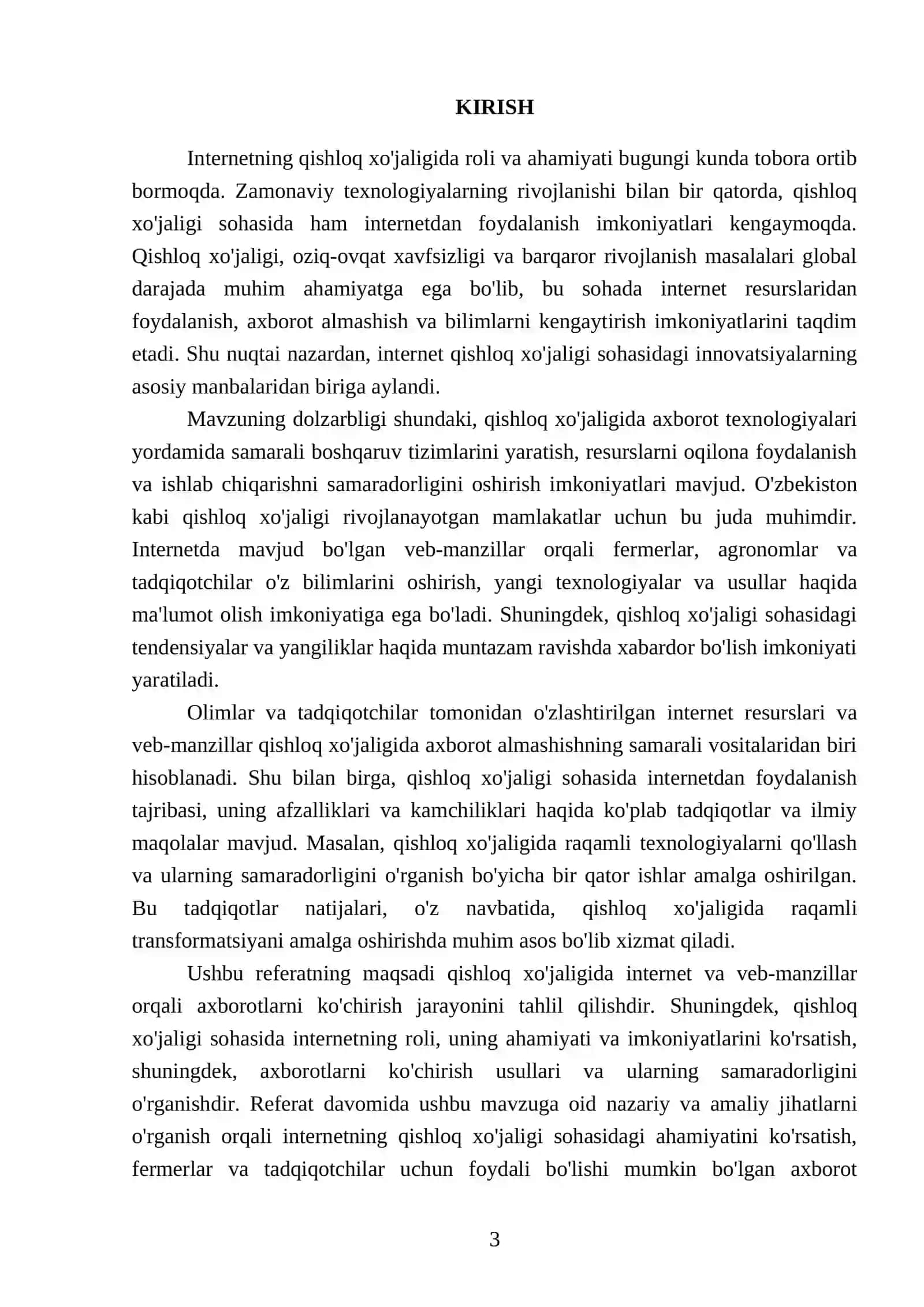 REFERAT: Internetda qishloq xojaligiga oid veb-manzillar va ulardan axborotlarni kochirish 3
