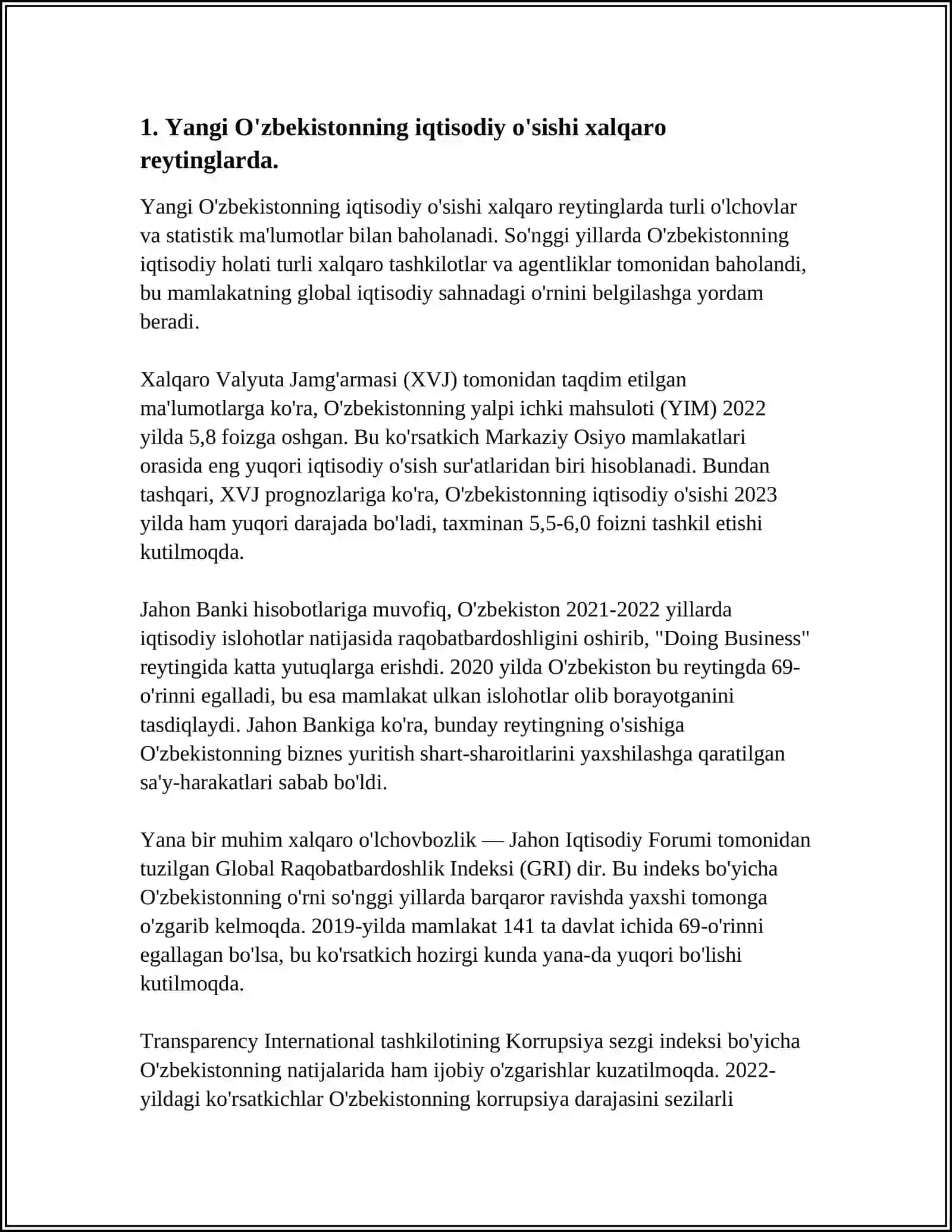 YANGI O'ZBEKISTON IJTIMOIY-SIYOSIY IQTISODIY VA MA'DANIY HAYOTDA RO'Y BERAYOTGAN O'ZGARISHLARNING XALQARO REYTING VA INDEKSLARDA AKS ETISHI 3