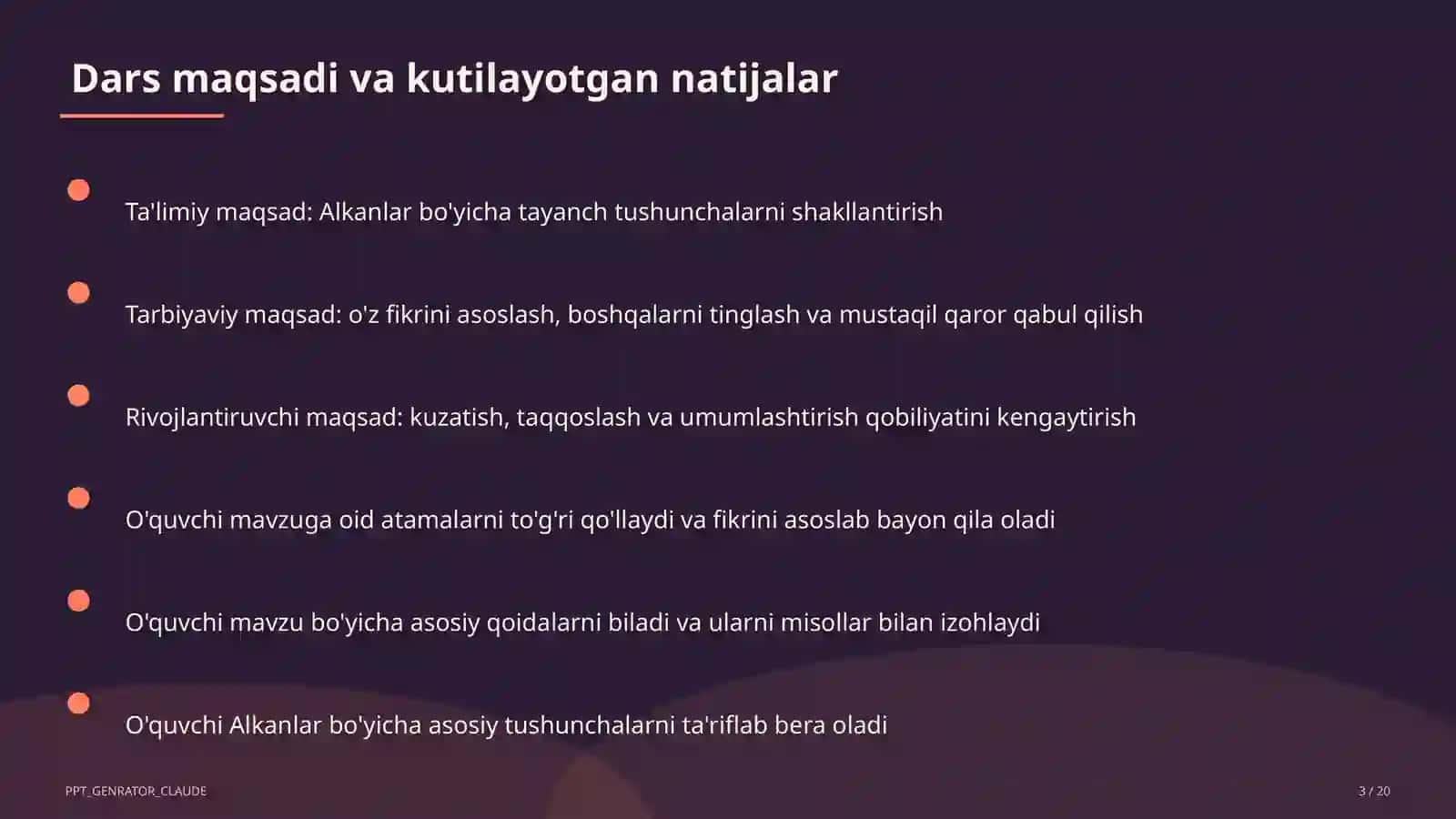 Alkanlar (10-sinf) Kimyo (7– 11) — metodik birlashma uchun 3