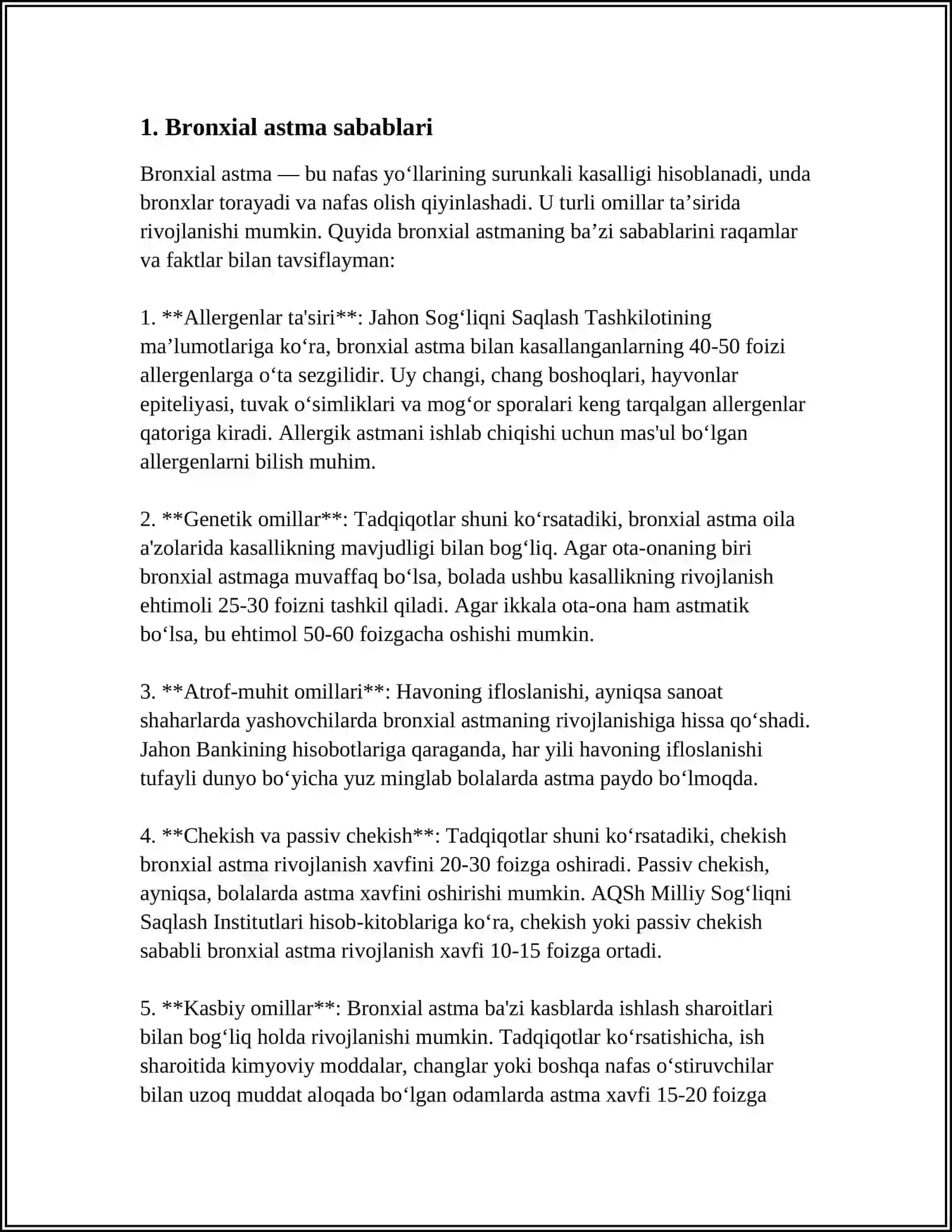 MUSTAQIL ISH - BRONXIAL ASTMA, ETIOLOGIYASI, PATOGENEZI, PATALOGIK ANATOMIYASI, TASNIFI, KLINIKASI, TEKSHIRISH USLUBLARINI ÖRGANISH 3
