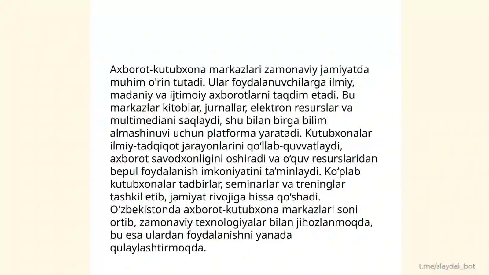 Axborot-kutubxona markazi (kutubxona) faoliyatini tashkil etish va rivojlantirish tendensiyalari Davlatimiz va xorijiy davlatlar ilm-fanining bibliografiya axborot soxasidagi tajribalari 3