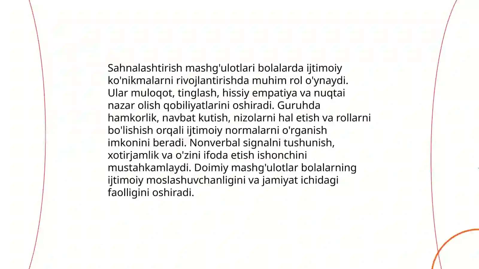 Sahnalashtirish mashg'ulotlarining bolalar rivojlanishidagi ahamiyati 3