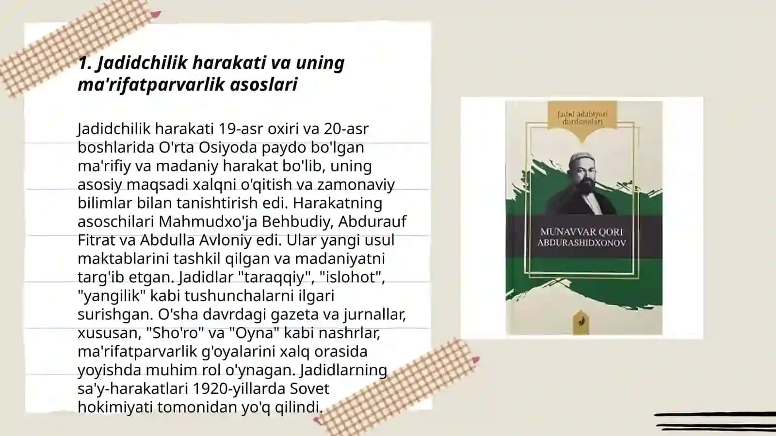 Jadid ma'rifatparvarlarining oʻlka ijtimoiy-maʼnaviy hayotida tutgan oʻrni. Munavvar Qori, Fitrat 3