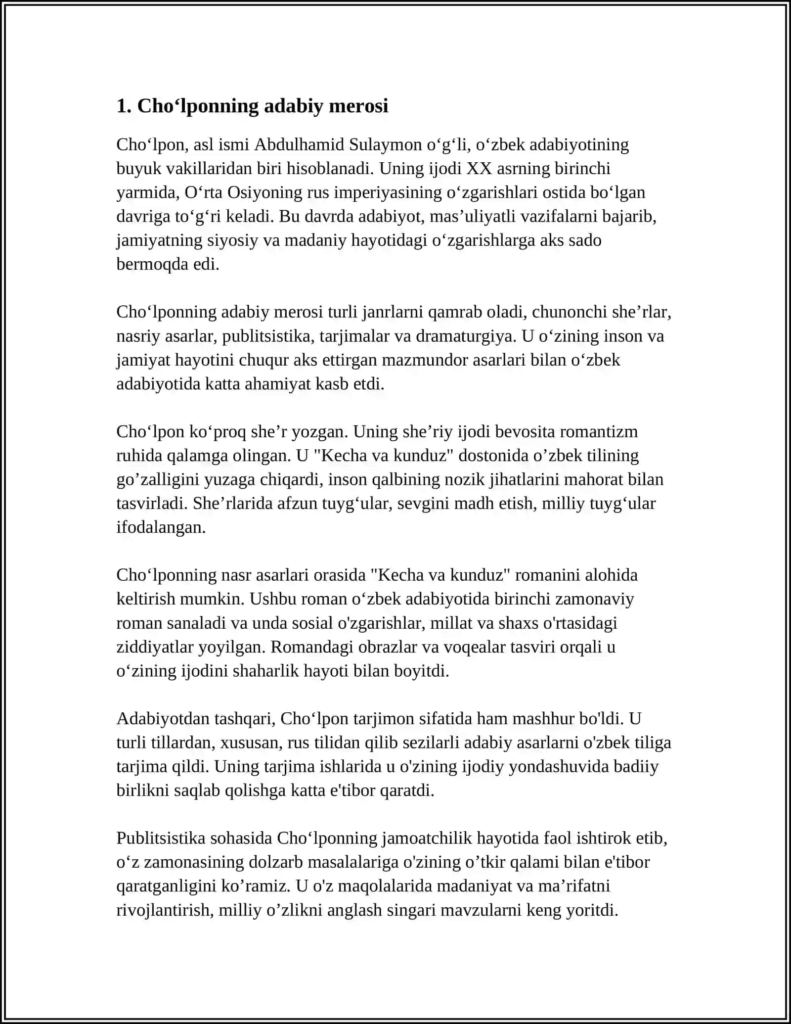 MUSTAQIL ISH Mavzu: CHOʻLPONNING ADABIYOT NODIR MAQOLASINI OʻRGANISH 3