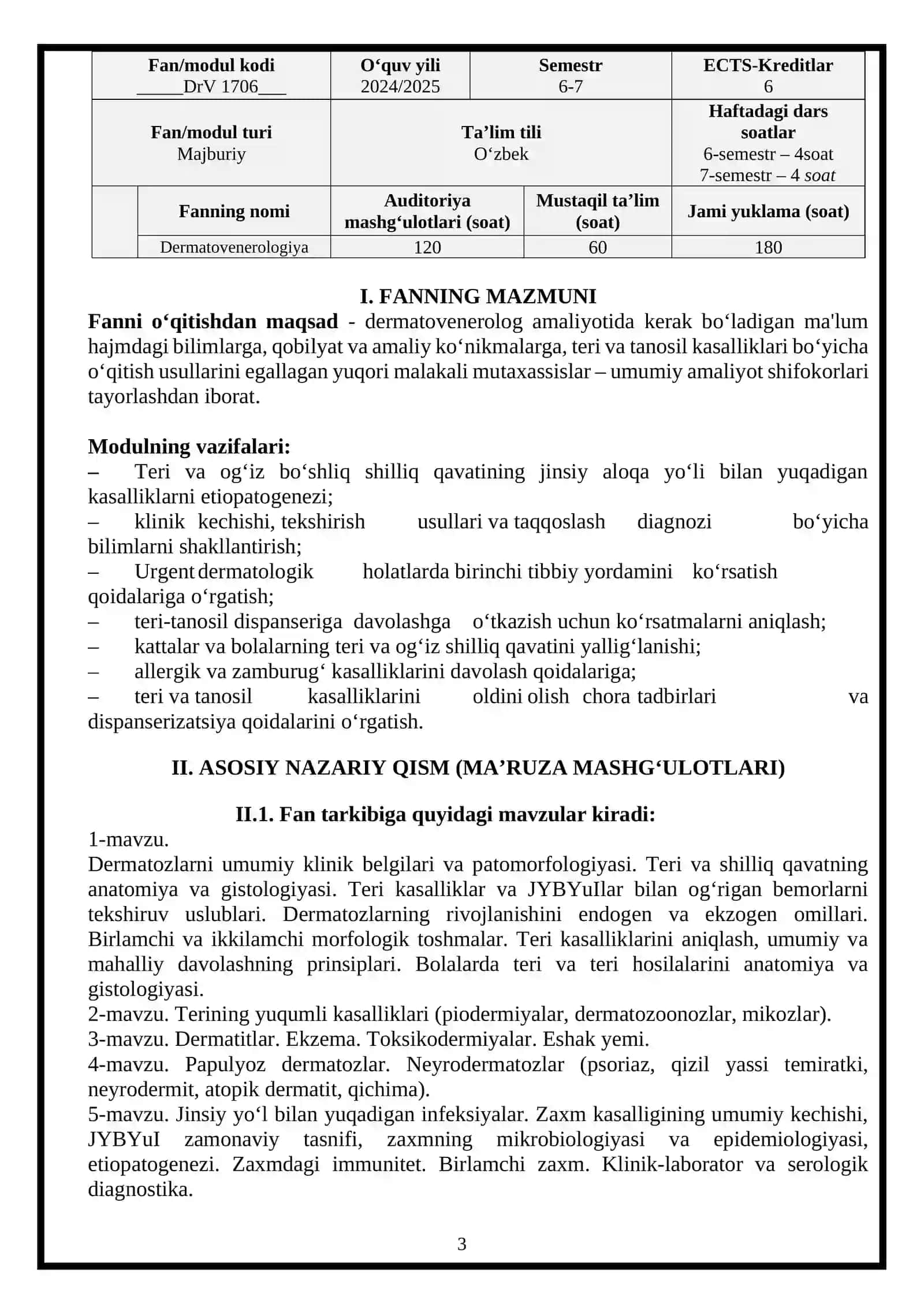 DERMATOVENEROLOGIYA FANINING O‘QUV DASTURI 3