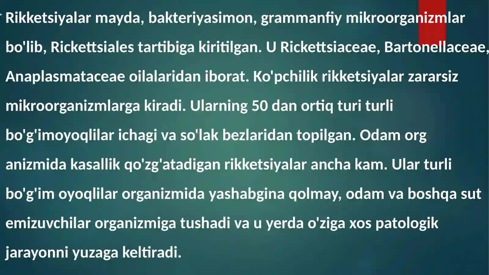Transmissiv infeksiyalarning qo’zg’atuvchisi (spiroxetalar va rikketsiyalar). Taksonomiyasi, ekologiyasi, xo’jayin organizmlari va tashuvchilari, asosiy biologik xususiyatlari, patogenlik omillari. Odamlar va hayvonlar patologiyasidagi roli. Mikrobiologik diagnostika usullari 3