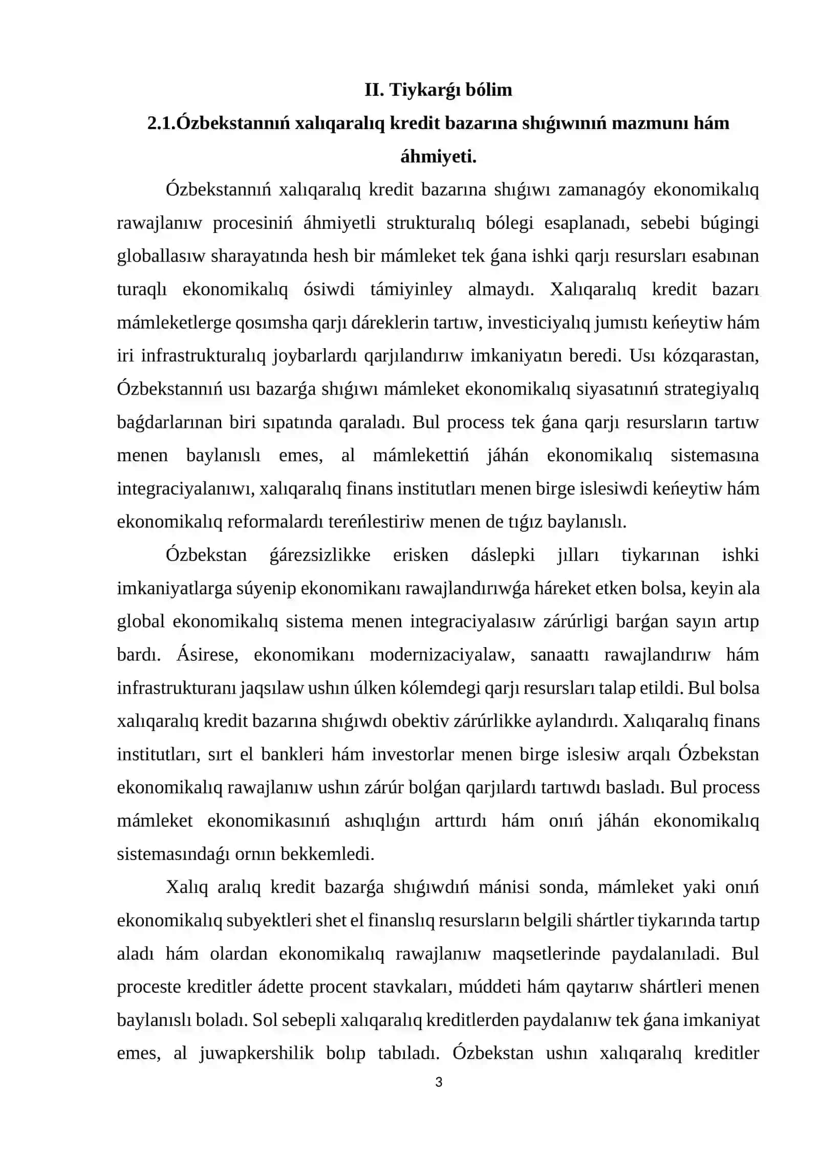 Ózbekstannıń xalıqaralıq kredit bazarındaǵı nátiyjeli qatnasıwı 3