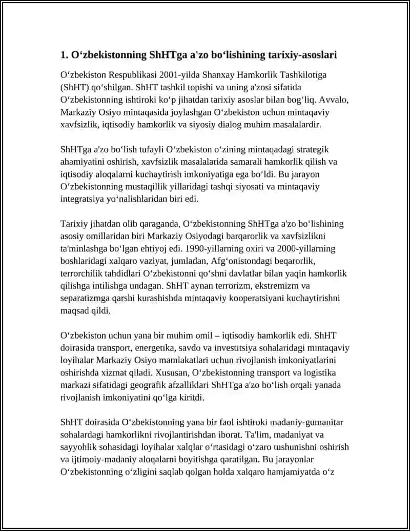 Oʻzbekiston RESPUBLIKASINING SHHTGA AZO BOʻLISHI VA XIZMATI 3