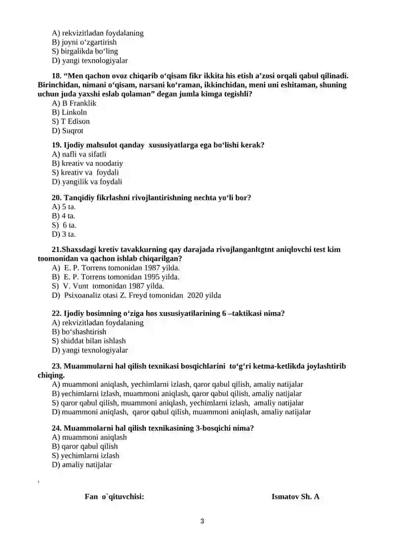 Iqtisodiyot va aniq fanlar kafedrasi Iqtisodiyot (sirtqi) 1-kurs talabalari uchun Kreativ fikrlash fanidan Oraliq nazorati test savollari 3