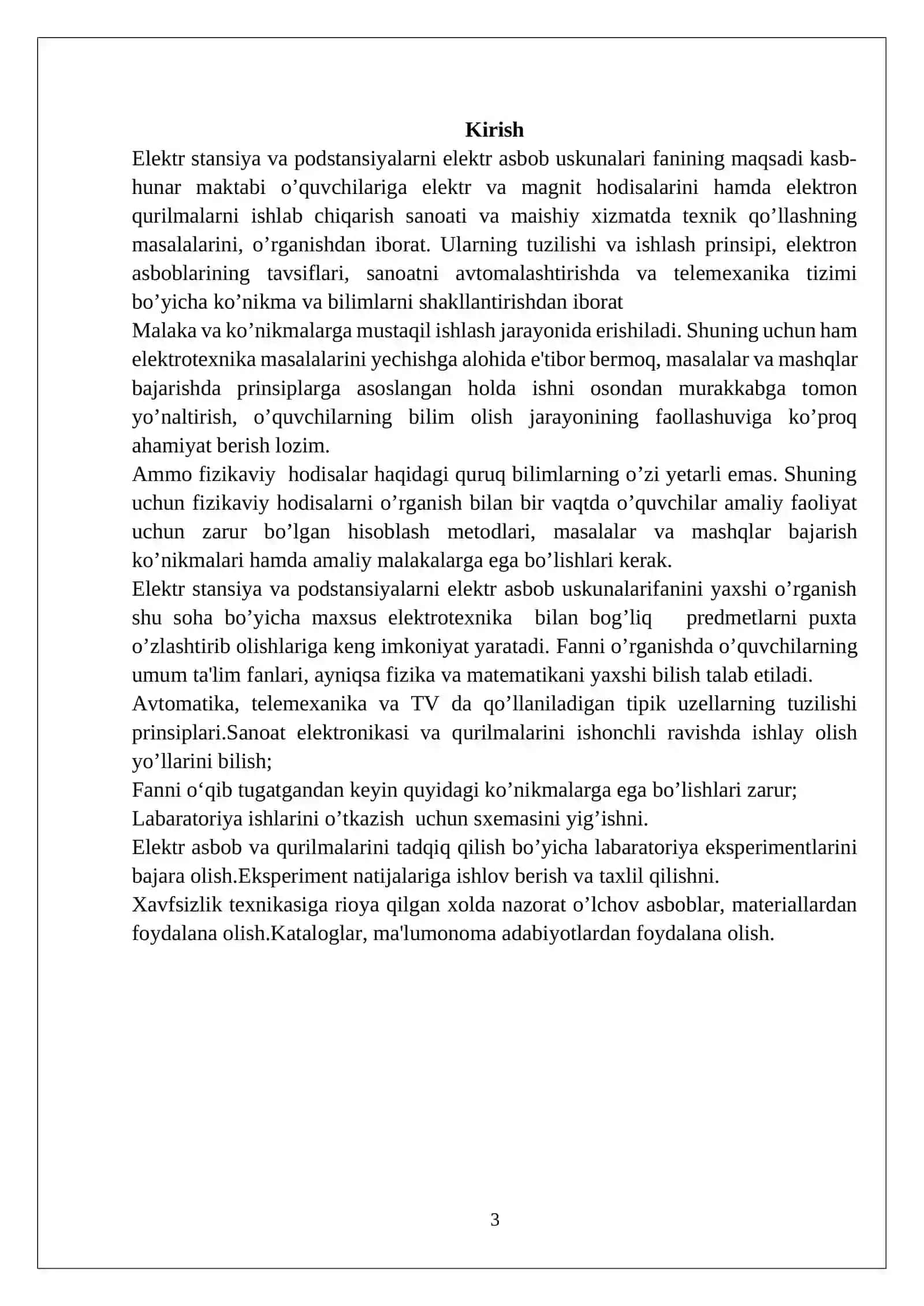ELEKTR STANSIYA VA PODSTANSIYALARNI ELEKTR JIHOZLARI fanidan o’qitish materiallari to’plami 3