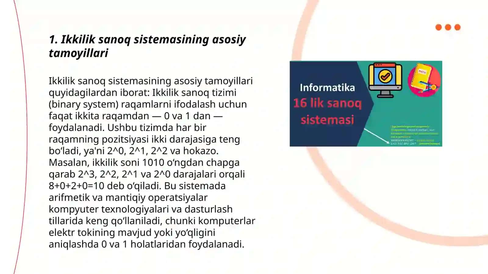 Ikkilik va sakkizlik sanoq sistemalarini zamonaviy kompyuterlarda ishlatilishi 3