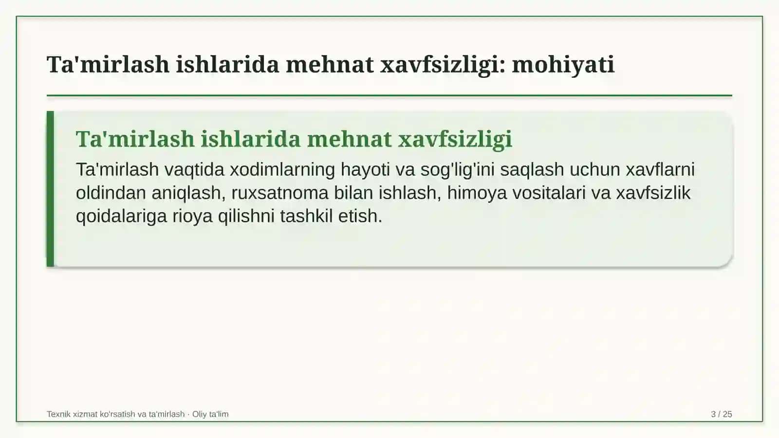 ombor xo'jaligida ta'mirlash ishlarida mehnat xavfsizligini ta'minlash 8420 3
