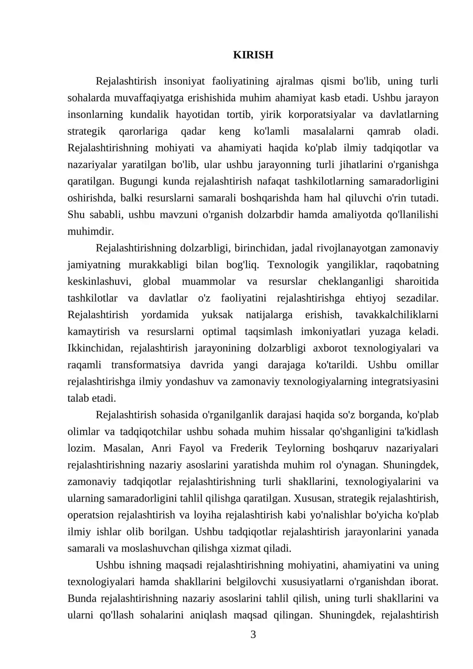 Rejalashtirishning mohiyati va ahamiyati. Rejalashtirish texnologiyasi va shaklini belgilovchi xususiyatlari 3