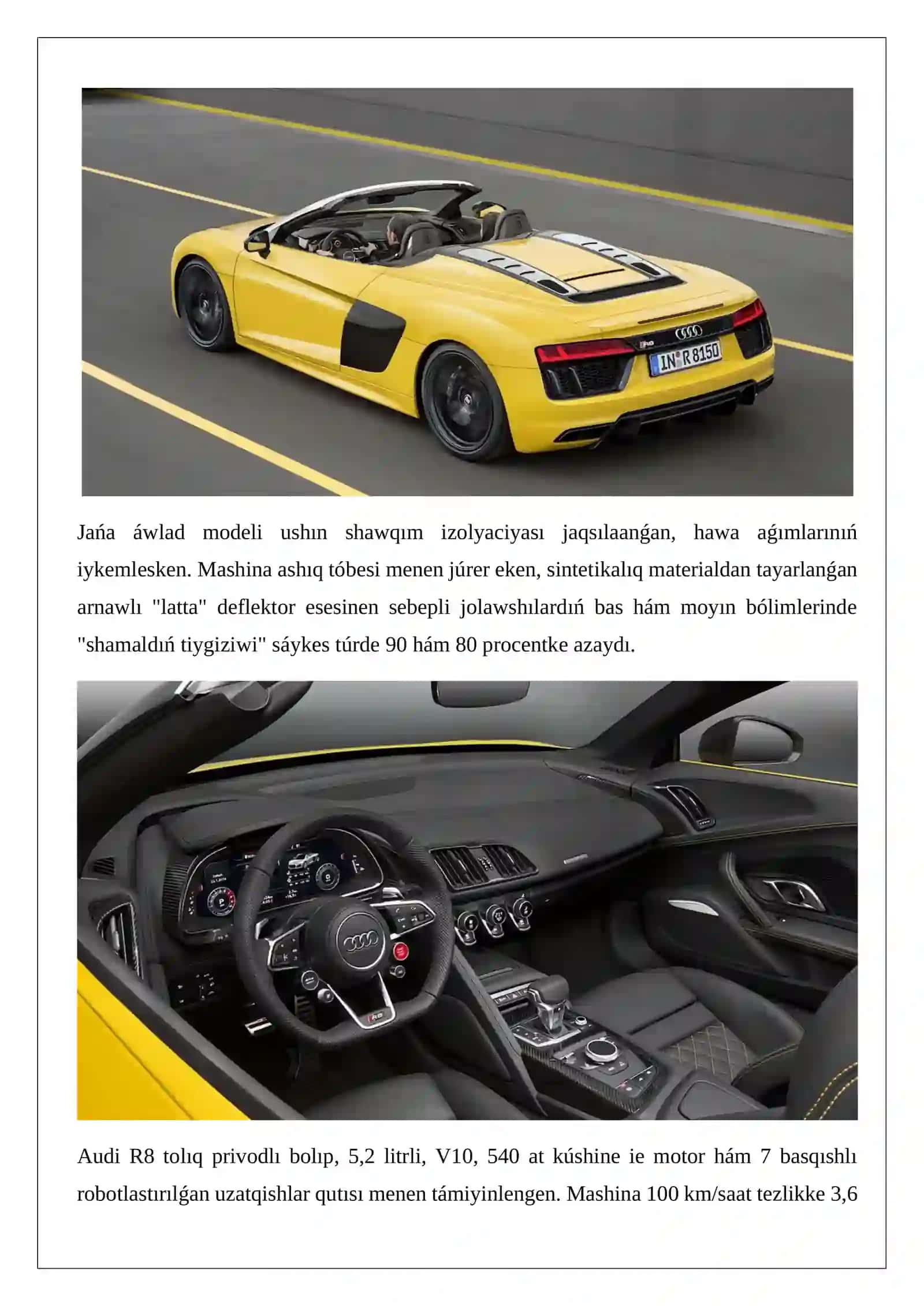 Audi R8 avtomobilnıń ishki hám sırtqı duzilisi 3