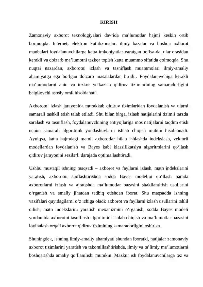 Axborot va fayllarni izlash, sodda Bayes modeli asosida axborotni sinflashtirish va ma’lumotlar bazasini shakllantirish usullari Reja: 3