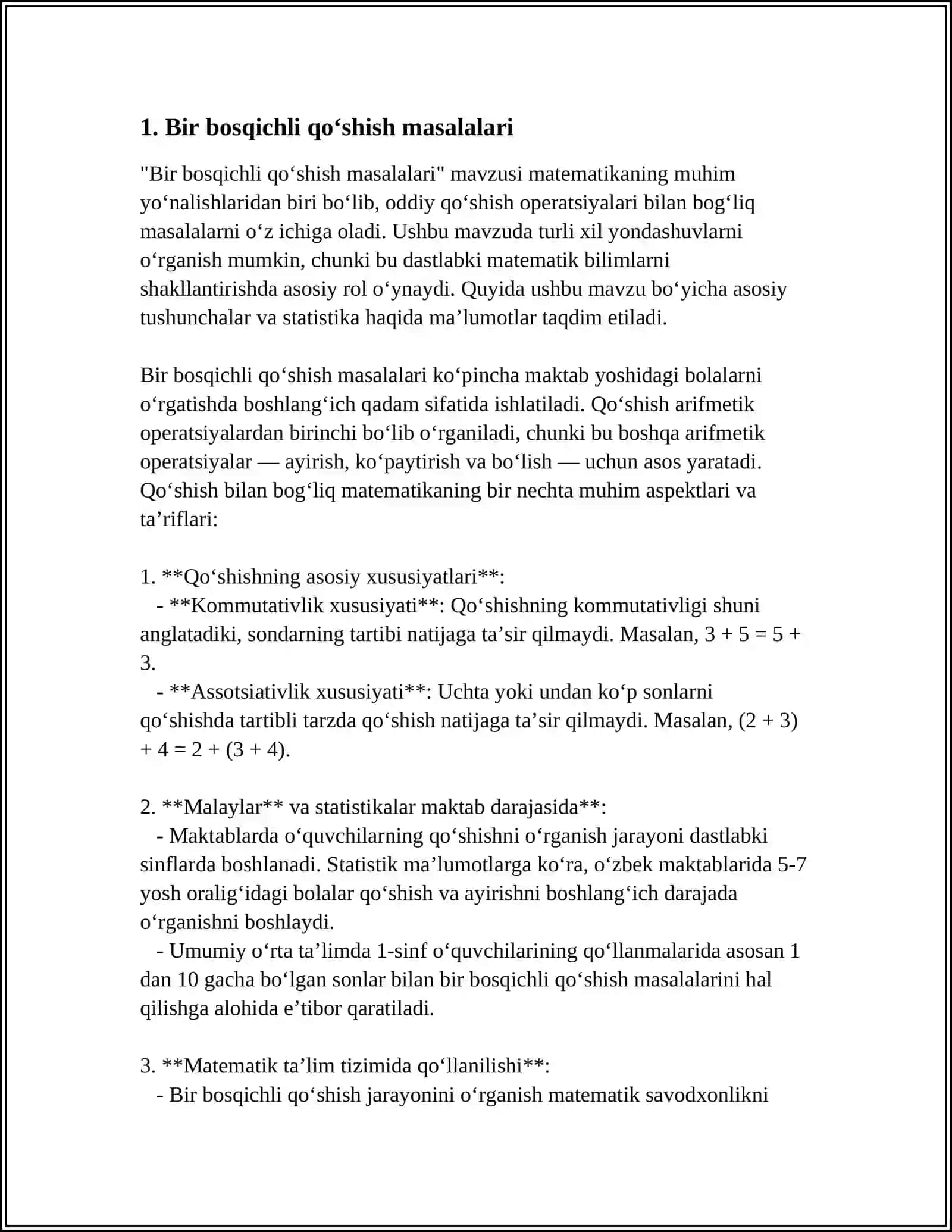 BIR BOSQICHLI QOʻSHISH VA AYIRISH MASALALARINI YECHISH.MATEMATIK MAZMUNGA EGA ROLLI OʻYINLAR 3