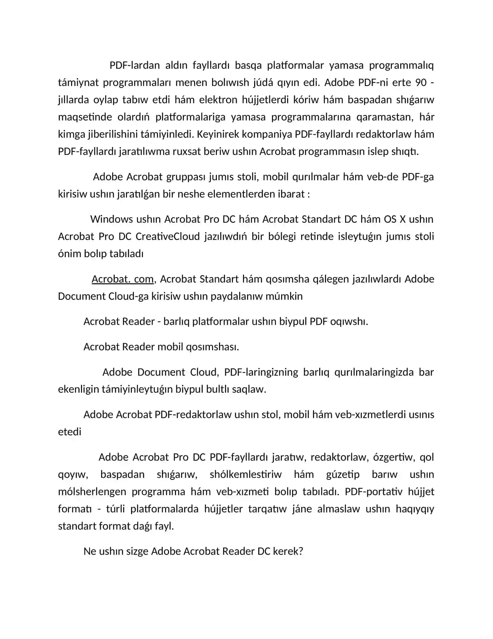 Adobe Acrobat reader programasin ja'rdeminde PDF formatli hujjetlerdi tayarlaw 3