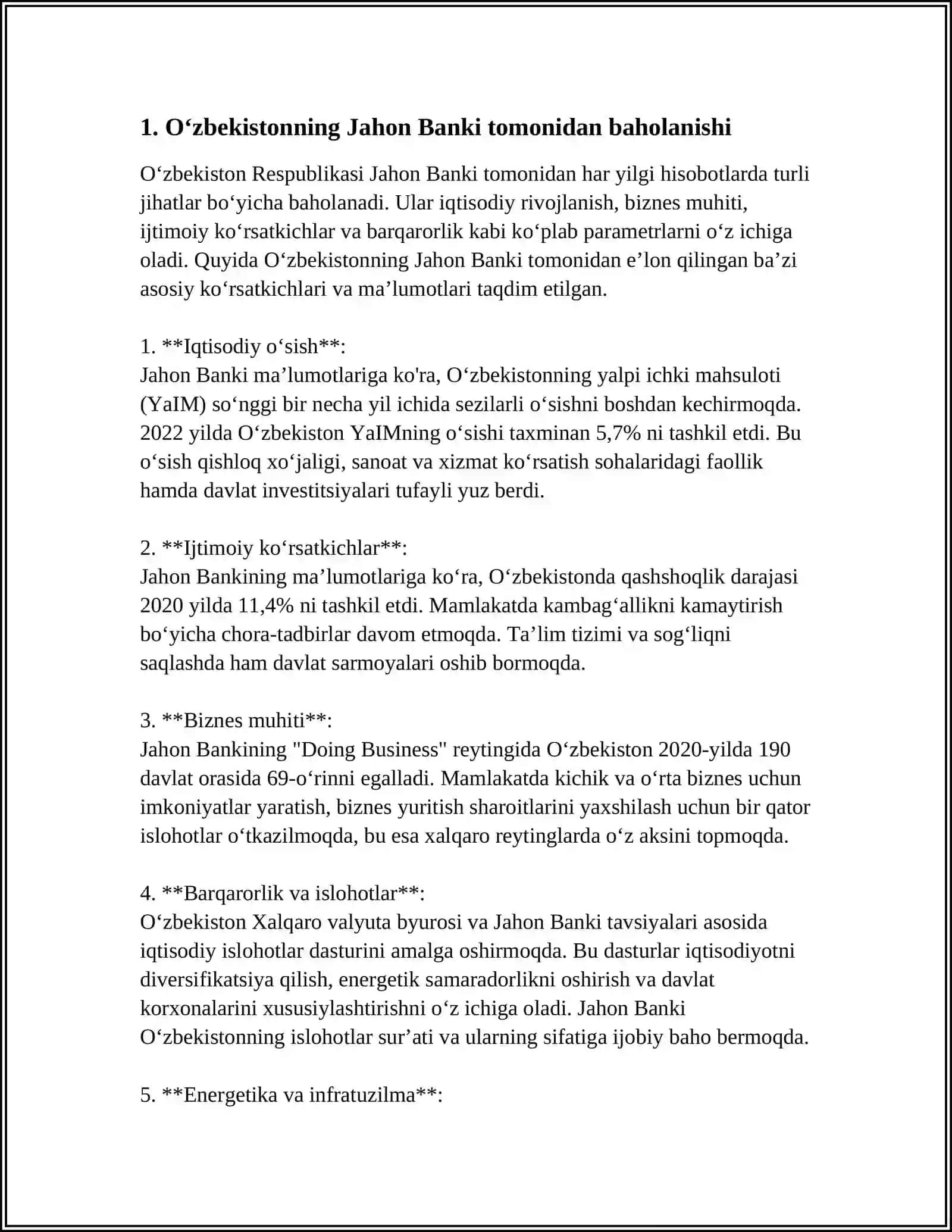 O‘ZBEKISTONNING “JAHON BANKINING STATISTIK SALOHIYAT INDEKSI” DAGI O`RNI 3