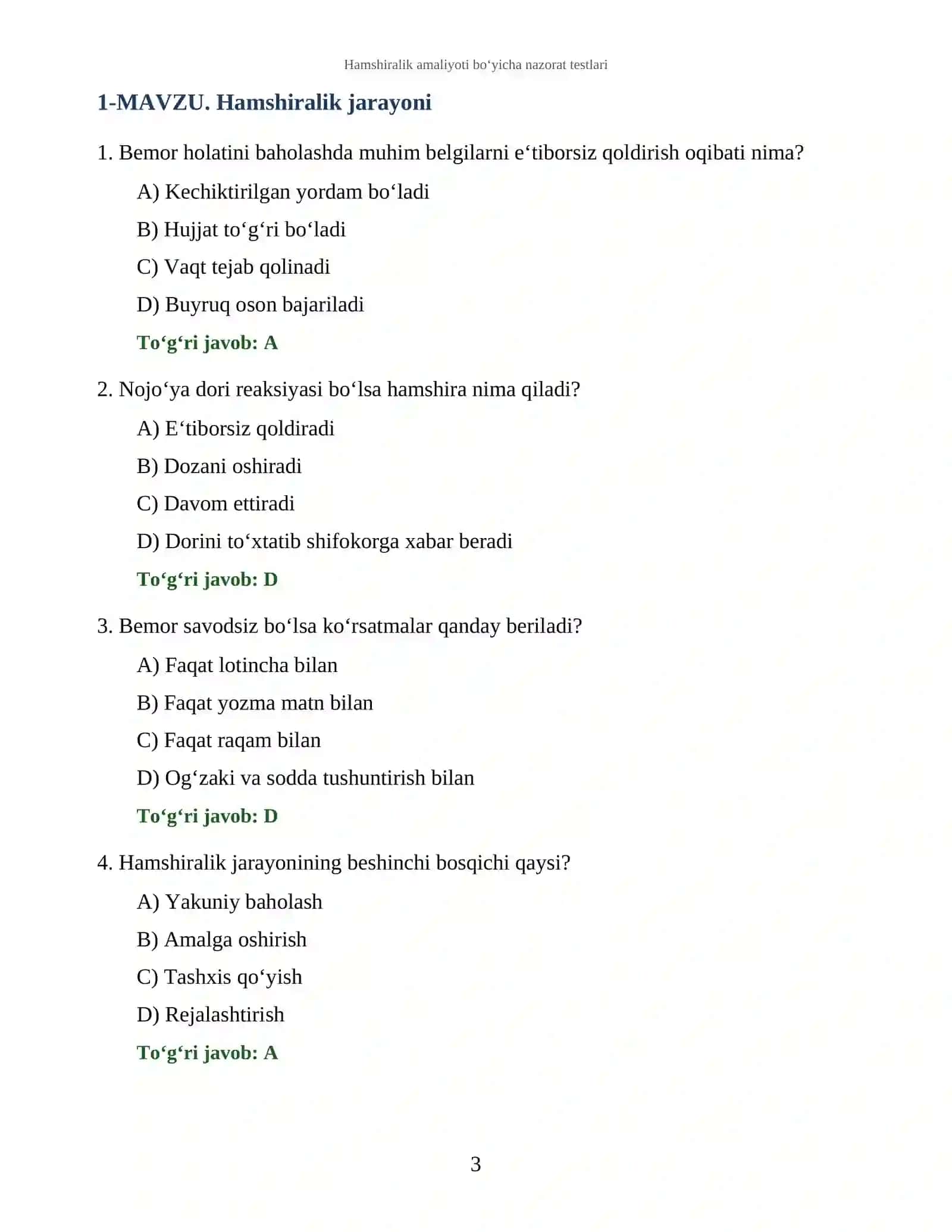 Hamshiralik amaliyoti bo‘yicha nazorat testlari 3