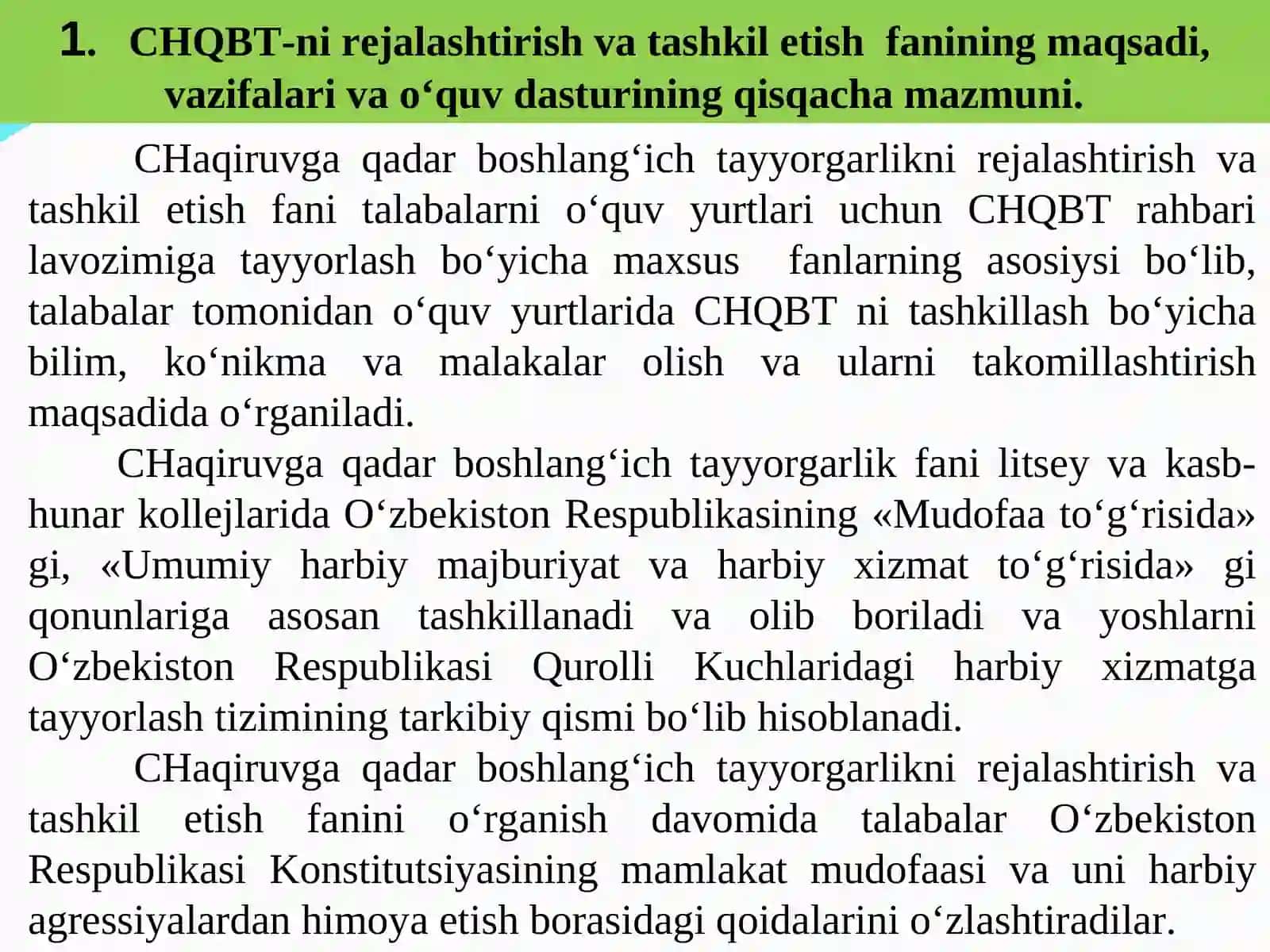 «CHAQIRUVGA QADAR BOSHLANG‘ICH TAYYORGARLIKNI REJALASHTIRISH VA TASHKIL ETISH» FANINING MAZMUNI. CHAQIRUVGA QADAR BOSHLANG‘ICH TAYYORGARLIK – O‘R QK HARBIY XIZMATIGA TAYYORLASH TIZIMINING TARKIBIY QISMI SIFATIDA 3