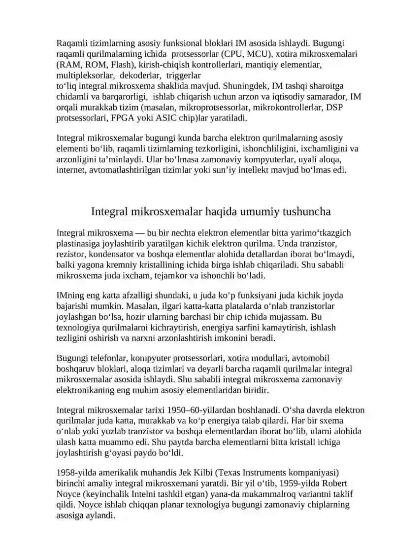 Integral mikrosxemalar va raqamli texnika negiz elementlarini hamda shifrator, deshifrator multipleksor va triggerlarni internet manbalaridan va qo’shimcha adabiyotlardan o’rganish, shu soha bo’yicha nazariy va amaliy bilimlarni oshirish 3