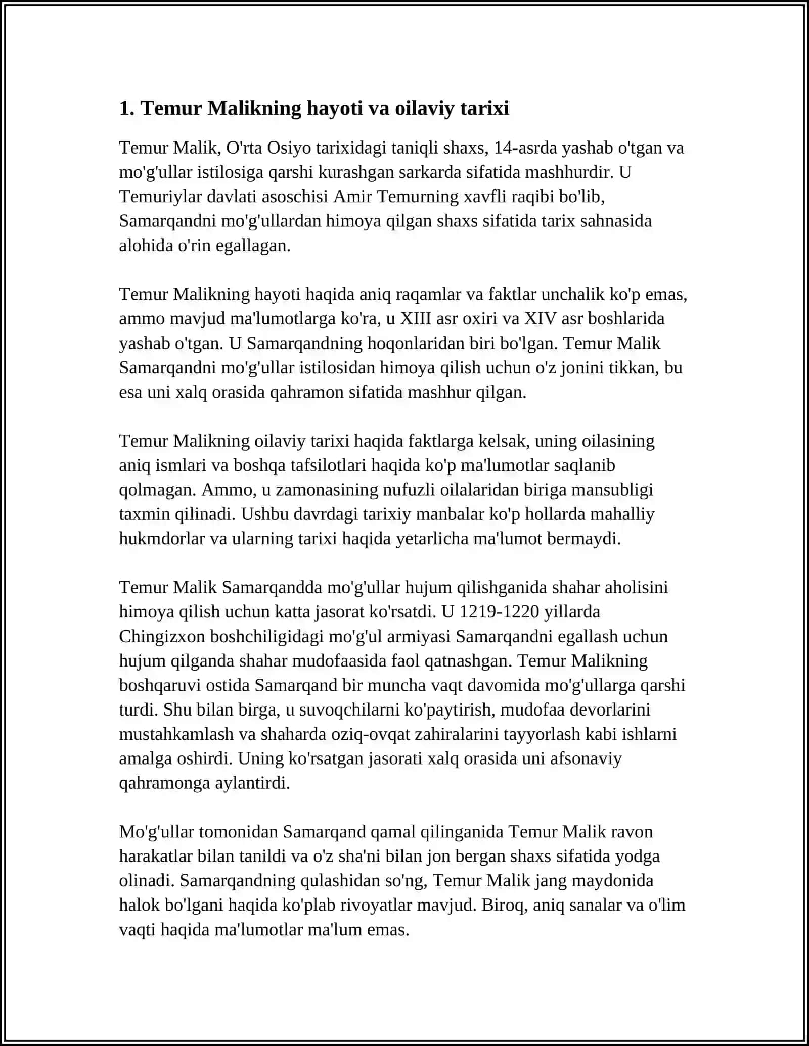 MAMLAKATIMIZ ERKI VA OZODLIGI UCHUN KURASHGAN QAHRAMON SHAHSLAR: TEMUR MALIK 3