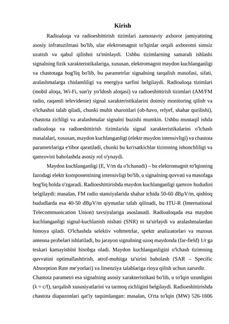 Radioaloqa va radioeshittirish tizimlarida signal xarakteristikalarini o‘lchash. Maydon kuchlanganligi, chastota 3
