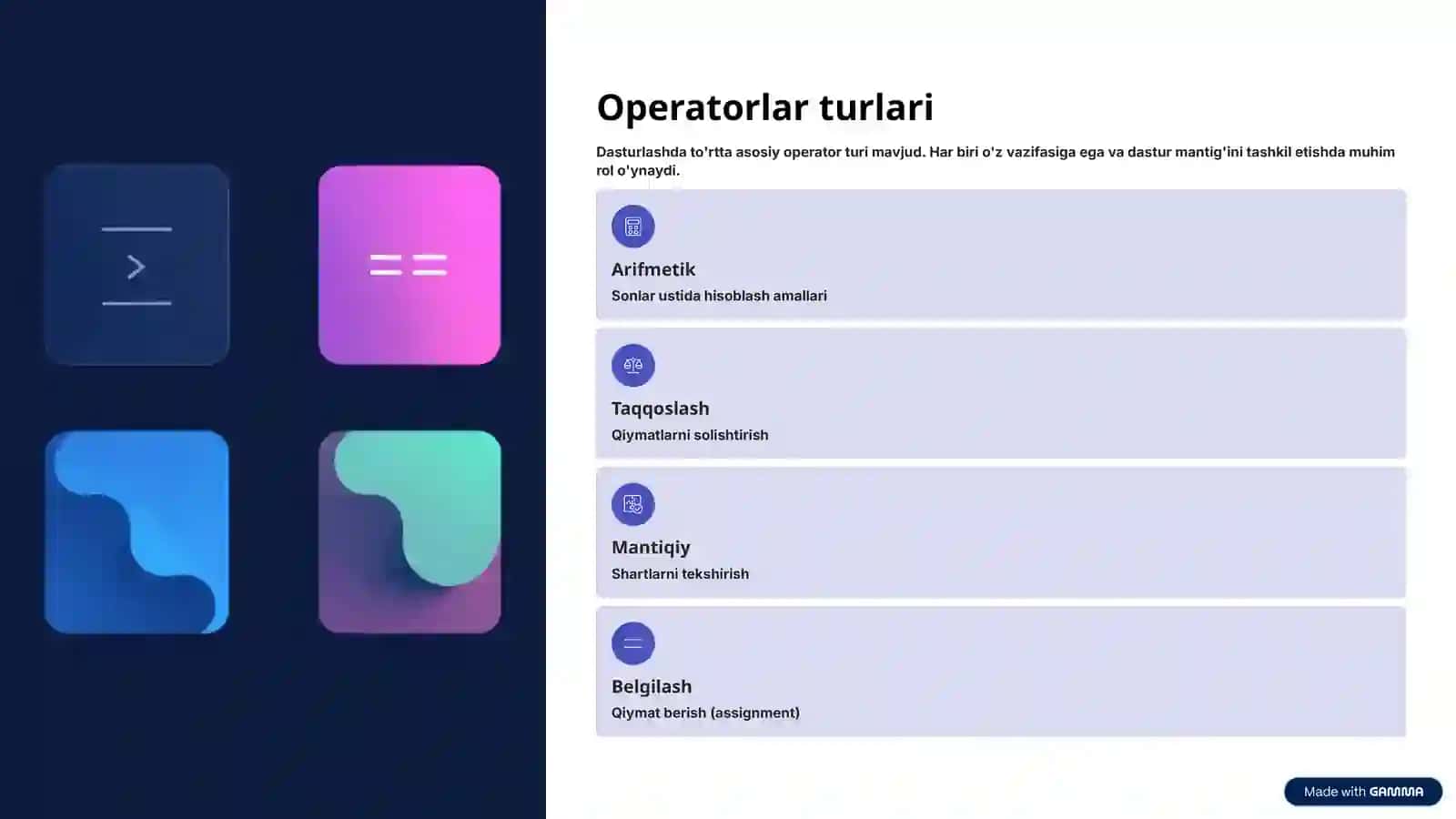 Operatorlar. Stringlarni boshqarish 3