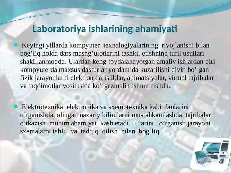 «SXEMOTEXNIKAGA OID BO’LGAN FANLARDAN VIRTUAL LABORATORIYA ISHLARINI TAYYORLASH» Magisterlik dissertatsiyasi 3