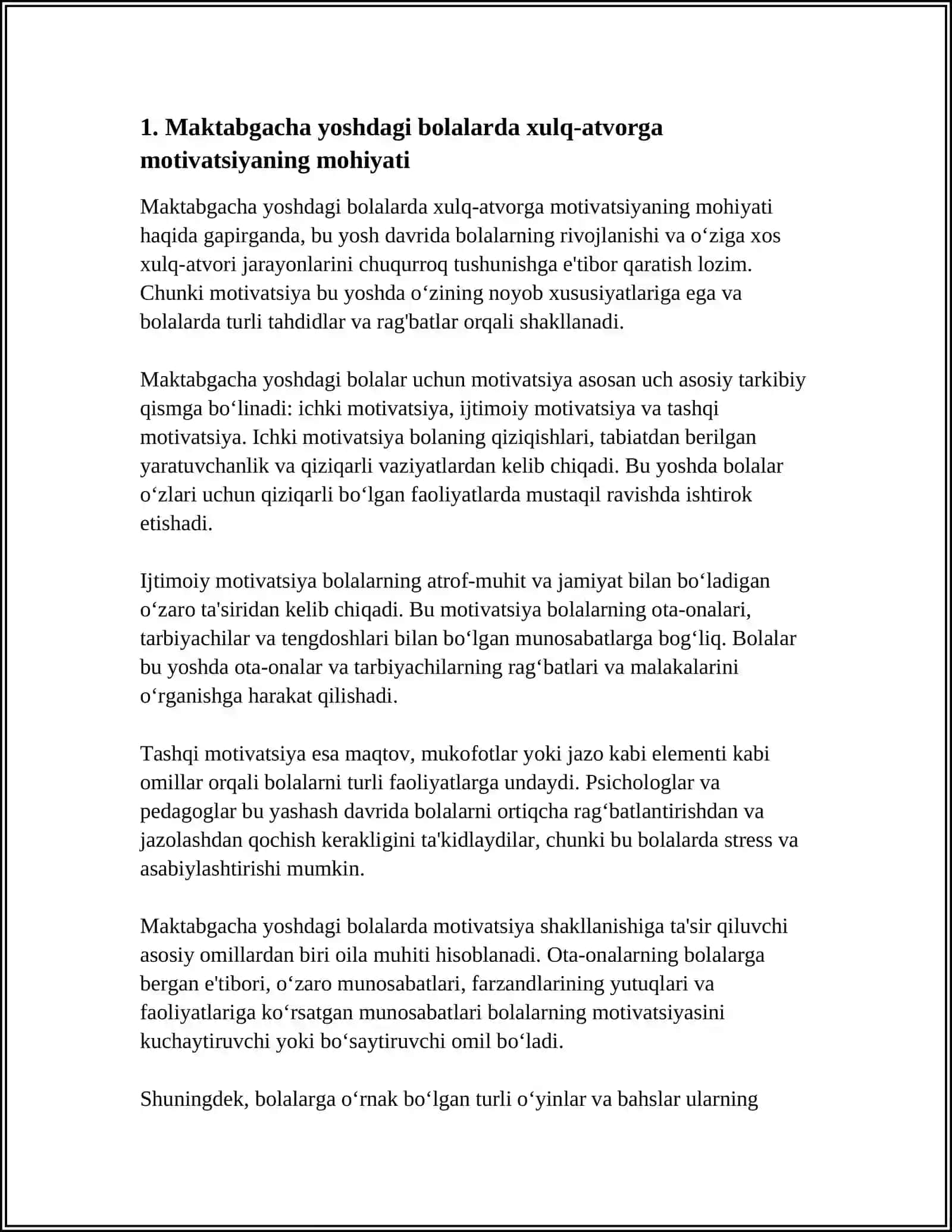 MAKTABGACHA YOSHDAGI BOLALARDA XULQ MOTIVLARINING RIVOJLANISHI VA OʻZIGA XOS BAHO BERISHI SHAKLLANISHI. MAVZUSIDA REFERAT 3