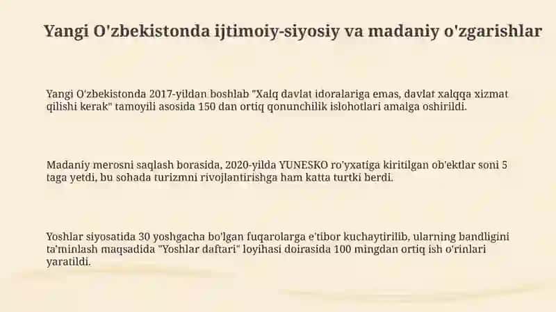 Yangi O'zbekistonda ijtimoiy-siyosiy va madaniy o'zgarishlar 3