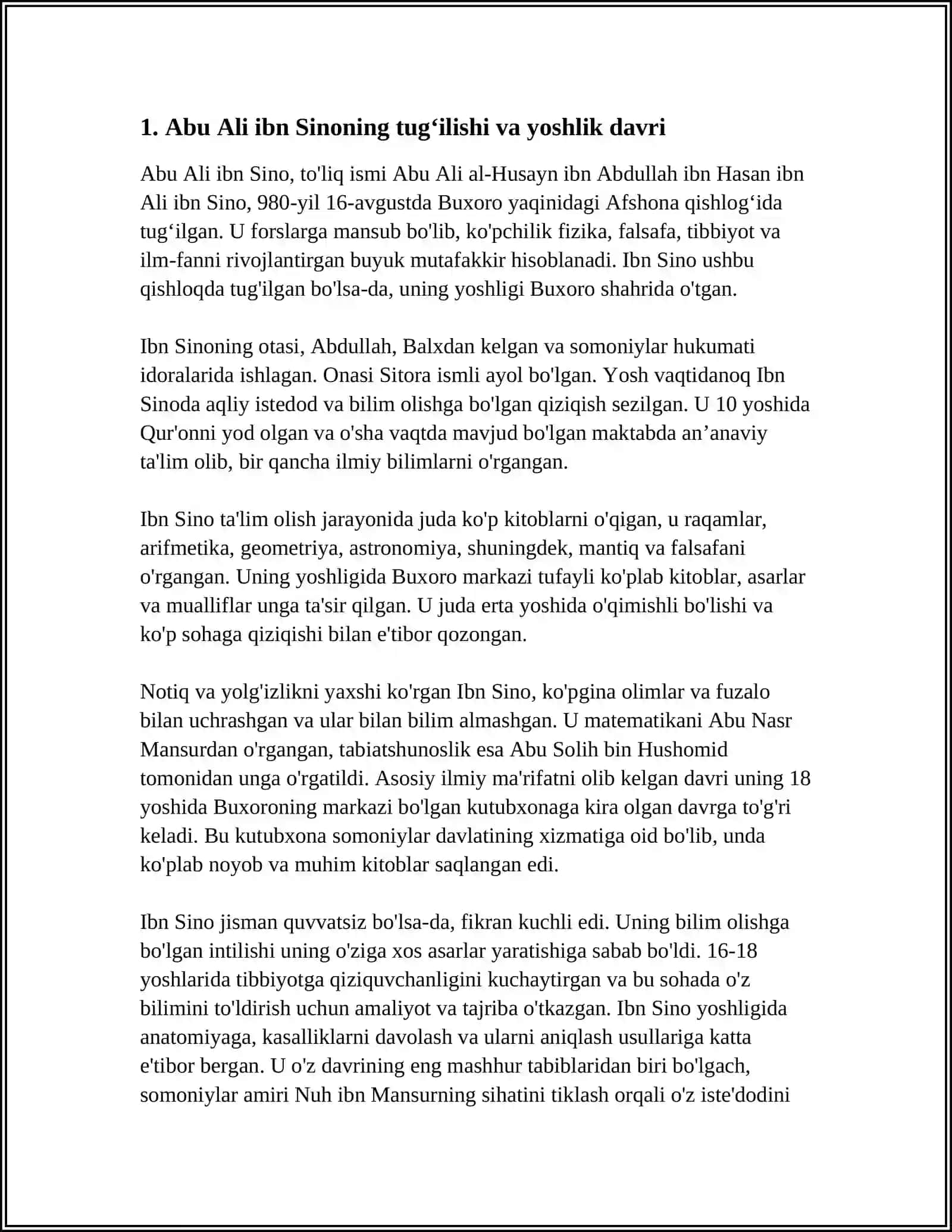 BUXORO DAVLATIDAGI TIBBIYOT. ABU ALI IBN SINO HAYOTI, FAOLIYATI. ABU ALI IBN SINO TIBBIYOTGA QOʻSHGAN HISSASI 3