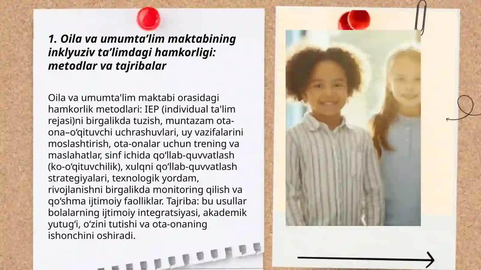 Alohida ta'lim ehtiyojlari bo'lgan bolani umumta'lim maktabi yoki maktabgacha tashkilotda inklyuziv ta'lim sharoitida o'qishga moslashishida oila va maktabning o'rni 3