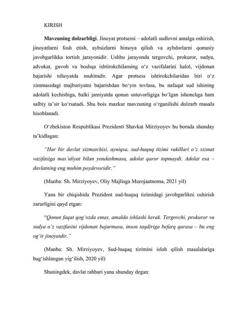 Jinoyat Prodsesi Qatnashchilari O'z Zimmasidagi Vazifani Bajarishdan Bo'yin Tovlashning Jinoyiy-huquqiy Xususiyatları Kurs Ishi 3