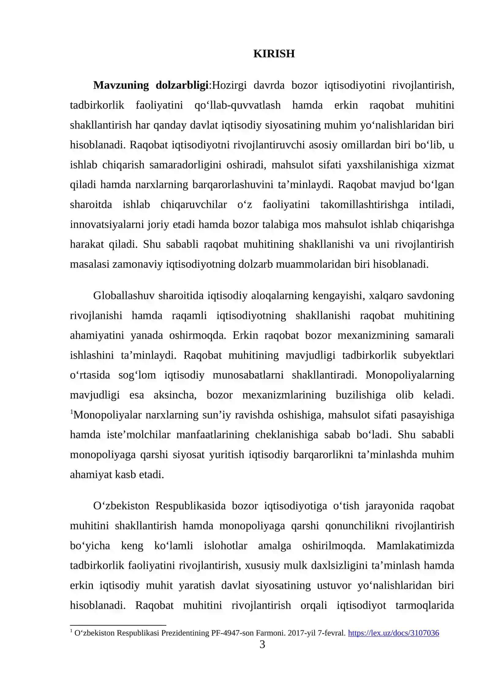 O'ZBEKISTONDA RAQOBATCHILIK MUHITINING VUJUDGA KELISHI VA MONOPOLIYAGA QARSHI QONUNCHILIK 3