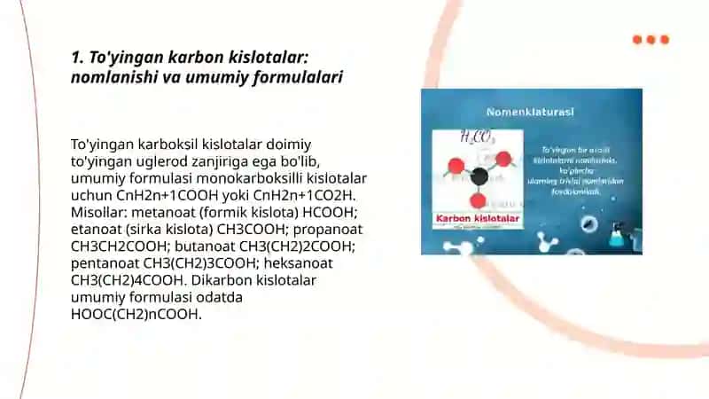 To'yingan va to'yinmagan karbon kislotalari, nomlanishi, tuzilishi, kimyoviy va biologik xossalari, qo'llanilishi 3