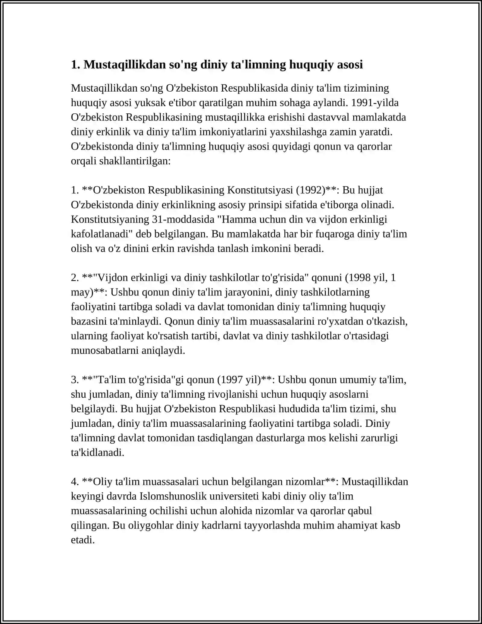ÔZBEKISTONDA MUSTAQILLIK YILLARDA DINIY TALIM TIZIMIDA AMALGA OSHIRILGAN ISLOHATLAR 3