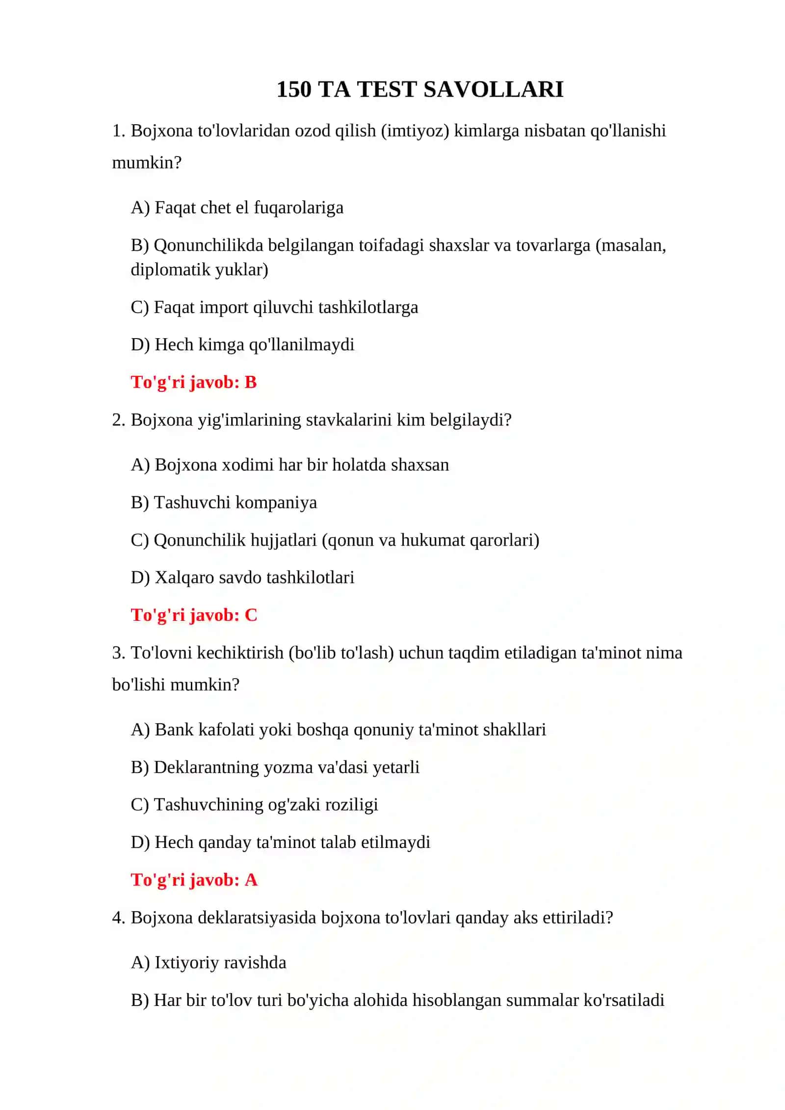 BOJXONA TO'LOVLARI TESTLARI 3