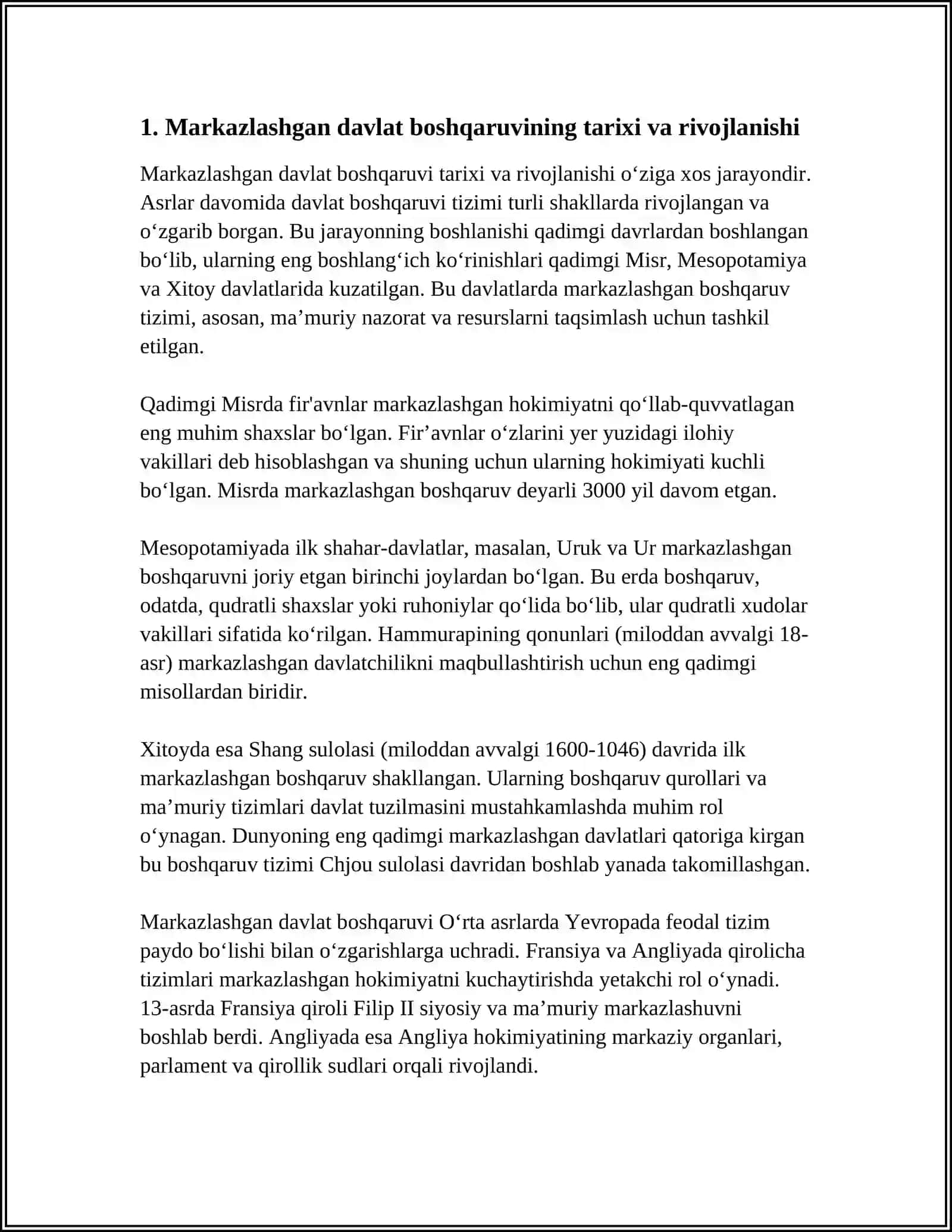 MUSTAQIL ISH Mavzu: O‘ZBEKISTONDA MARKAZLASHGAN DAVLAT MUAMMOSI 3