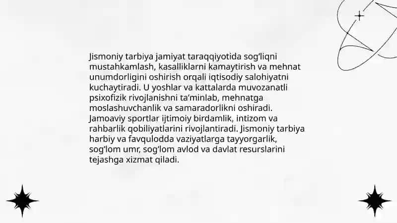 Jamiyat taraqqiyoti va ijtimoiy iqtidodiy ishlab chiqarish jsrayonlarida jismoniy tarbiyaning mohiyati. 3